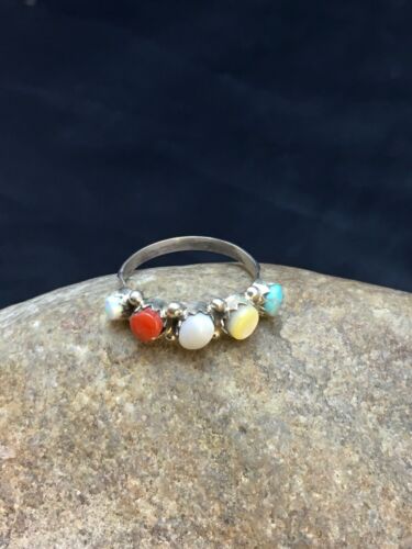 Southwestern Zuni Multi-Stone Ring | Blue Opal Coral Turquoise | Authentic Native American Sterling Silver | Multi-Stone | Sz 5.5 | 9000