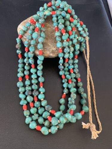 Native American Santo Domingo Blue Turquoise Coral Nugget Bead Necklace | 34" | 13183