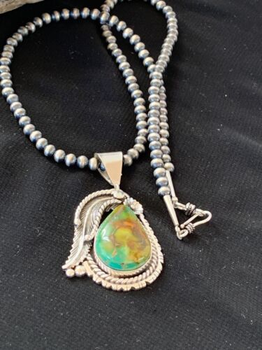 Men's Turquoise Pendant | Navajo Pearls Sterling Silver Necklace | Authentic Native American Handmade | 2568