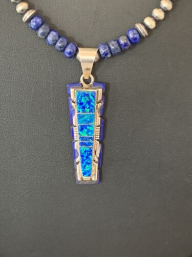 Southwestern Navajo Sterling Silver Necklace Pendant | Purple Opal Lapis Inlay | Authentic Native American Handmade | 00595