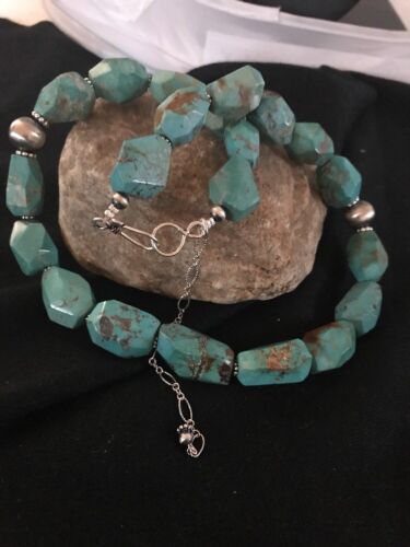 Navajo Turquoise Chunky Bead Faceted Necklace | Sterling Silver | Authentic Native American Handmade | 20" | 3367
