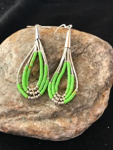 Navajo Green Gaspeite Earrings | Sterling Silver Liquid Heishi Dangle | 2.25" | Authentic Native American Handmade | 2021