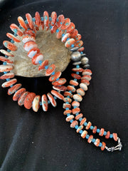 Navajo Red Spiny Oyster & Turquoise Necklace | Sterling Silver Graduated Navajo Pearls | Authentic Native American | 28" | 00912