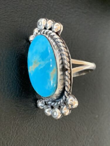 Navajo Blue Kingman Turquoise Ring | Sterling Silver | Sz 7.5 | Authentic Native American Handmade | 13382