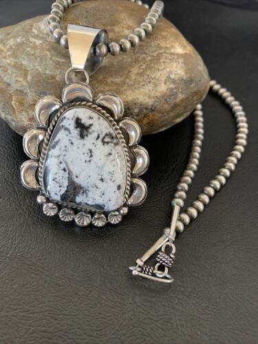 Navajo White Buffalo Turquoise Pendant | Sterling Silver | Authentic Native American Handmade | 11686