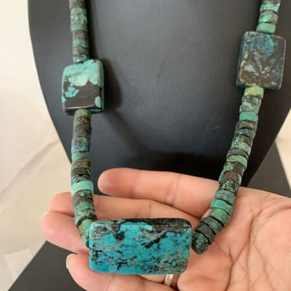 Native American Rustic Turquoise Nugget Heishi Bead Necklace | Sterling Silver | 22" | 1399