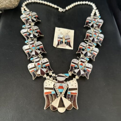 Zuni Thunderbird Turquoise Mother of Pearl Sterling Squash Blossom Necklace | Native American | 14442