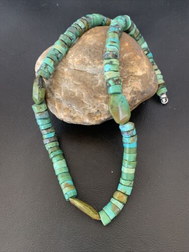 Men's Navajo Green Turquoise Nugget Heishi Bead Necklace | Sterling Silver | Authentic Native American Handmade | 21" | 10220