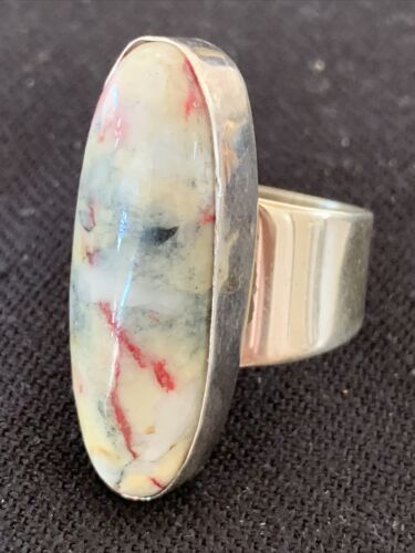 Navajo Men's White Black Cinnabrite Ring | Sterling Silver | Sz 7.5 | Authentic Native American Handmade | 1554