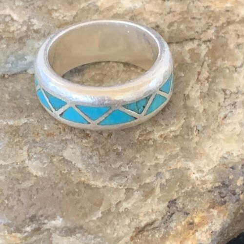Men's Old Pawn Navajo Blue Turquoise Inlay Ring | Sterling Silver | Sz 6 | Authentic Native American Handmade | 10375