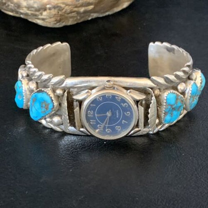 Navajo Sterling Silver Watch Cuff Bracelet | Blue Kingman Turquoise | Authentic Native American Jewelry | 13711