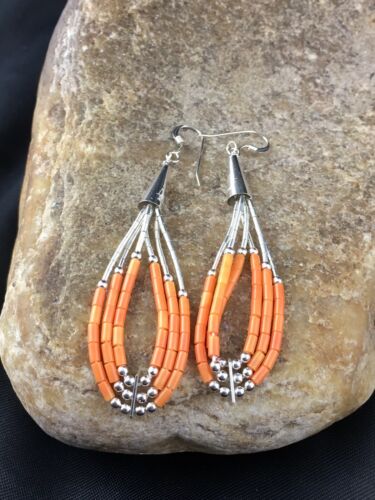Native American Liquid Silver Heishi Dangle Earrings | Orange Coral | Sterling Silver | 2" | 2033