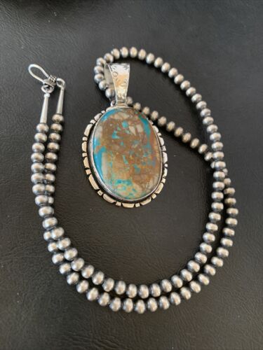 Navajo Pearls Necklace with Blue Royston Turquoise Pendant | Sterling Silver | Authentic Native American Handmade | 10629