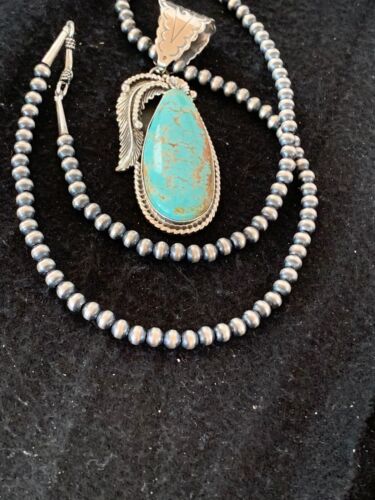 Men's Turquoise #8 Pendant | Navajo Pearls Sterling Silver Necklace | Authentic Native American Handmade | 4312