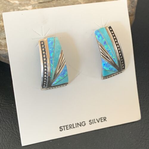Navajo Blue Opal Turquoise Inlay Earrings | Sterling Silver | Authentic Native American Handmade | 12116