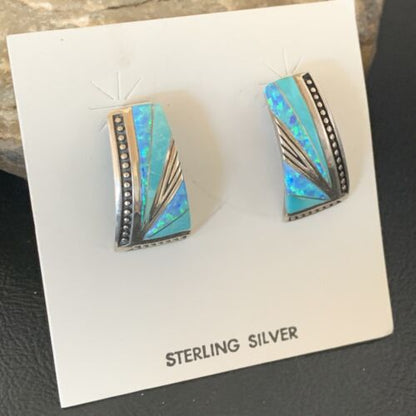 Navajo Blue Opal Turquoise Inlay Earrings | Sterling Silver | Authentic Native American Handmade | 12116