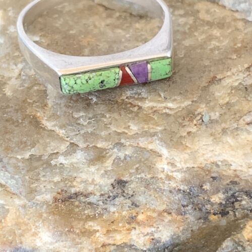 Navajo Green Gaspiete Sugilite Red Coral Inlay Ring | Sz 8.25 | Authentic Native American Handmade | 2258