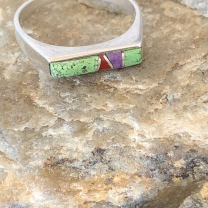 Navajo Green Gaspiete Sugilite Red Coral Inlay Ring | Sz 8.25 | Authentic Native American Handmade | 10987