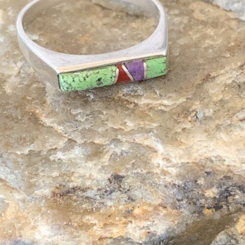 Navajo Green Gaspiete Sugilite Red Coral Inlay Ring | Sz 8.25 | Authentic Native American Handmade | 10984