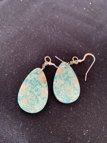 Navajo Slab Turquoise Dangle Earrings | Sterling Silver | Authentic Native American Handmade | 1356