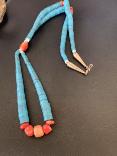 Southwestern Santo Domingo Pink Coral Blue Turquoise Jacla Necklace | 20" | Authentic Native American Handmade | 12516