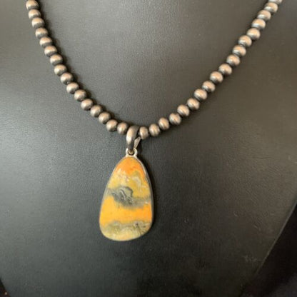 Navajo Yellow Bumblebee Jasper Pendant | Sterling Silver Necklace | Authentic Native American Handmade | 12811