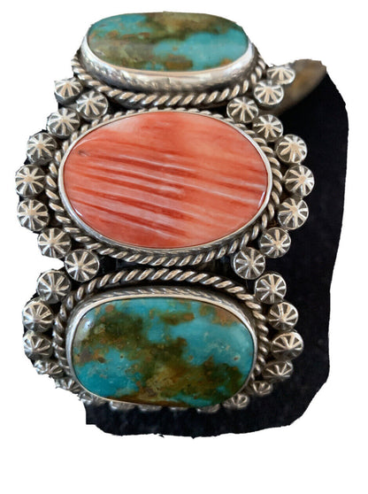 Navajo Royston Turquoise & Spiny Oyster Cuff Bracelet | Sterling Silver | Authentic Native American Handmade | 1105