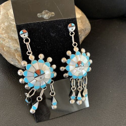 Zuni Sun Face Kingman Turquoise White Mother of Pearl Dangle Earrings | Sterling Silver | 12125