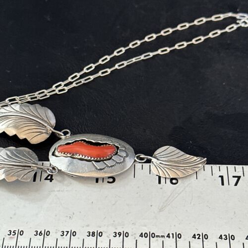 Navajo Red Coral Pendant Necklace | Sterling Silver | Authentic Native American Handmade | 18" | 14481