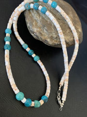 Navajo Pearls Turquoise Nugget Shell Necklace | Sterling Silver | 24" | Authentic Native American Handmade | 12543