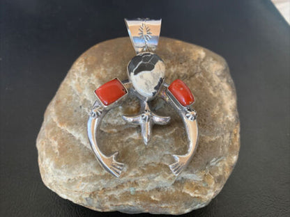 Navajo White Buffalo Turquoise Coral Naja Pendant | Sterling Silver | Authentic Native American Handmade | 11574 - Masha USA