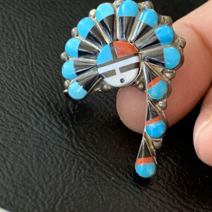 Zuni Turquoise Mother of Pearl Onyx Inlay Sun Face Necklace Pin Pendant | Sterling Silver | 1679