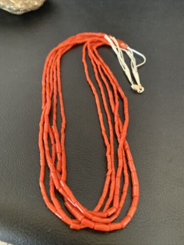 Southwestern Natural Red Coral Heishi Necklace | 5 Strand | Sterling Silver | 20" | 1217