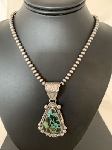Men's Navajo Green Spiderweb Turquoise Pendant | Sterling Silver Necklace | Authentic Native American Handmade | 01978