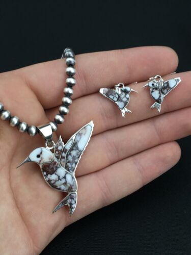 Navajo Sterling Silver Hummingbird Pendant & Earring Set | Wild Horse Turquoise | Authentic Native American Handmade | 1110