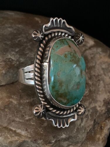 Native American Green Turquoise Ring | Navajo Sterling Silver | Sz 8 | 4139
