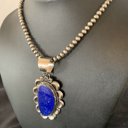 Native American Navajo Blue Lapis Pendant Necklace | Sterling Silver | 11673 - Masha USA