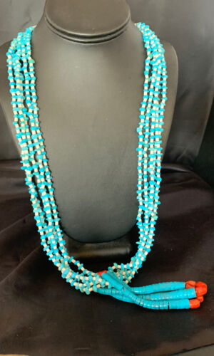 Native American Santo Domingo Blue Turquoise Coral Jacla Necklace | 5 Strand Nugget Bead | 34" | 13182