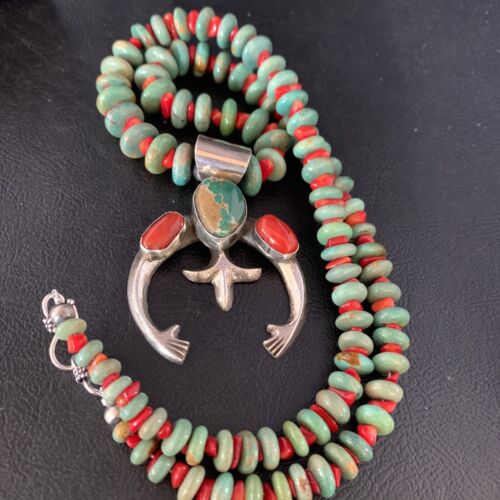Navajo Pearl Necklace with Royston Turquoise & Coral Naja Pendant | Sterling Silver | 13813