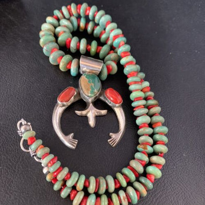 Navajo Pearl Necklace with Royston Turquoise & Coral Naja Pendant | Sterling Silver | 13813