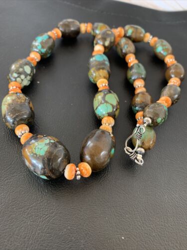 Navajo Green Turquoise & Orange Spiny Oyster Necklace | Sterling Silver | 23" | Authentic Native American Handmade | 1846