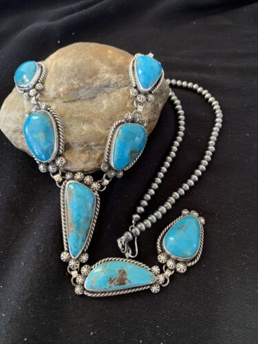 Navajo Kingman Turquoise Pendant Lariat Necklace | Sterling Silver Navajo Pearls | 1188