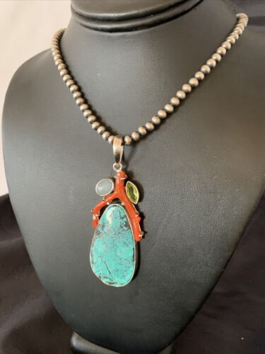 Navajo Pearl Spiderweb Turquoise Coral Pendant Necklace | Authentic Native American Sterling Silver | Multi-Stone | 11812