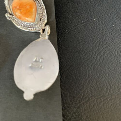 Navajo Orange Spiny Oyster Dangle Earrings | Sterling Silver | Authentic Native American Handmade | 13819
