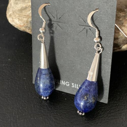 Navajo Lapis Lazuli Bead Dangle Earrings | Sterling Silver | 1" | Authentic Native American Handmade | 13330