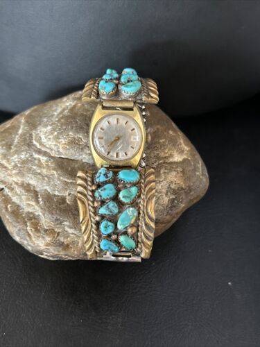 Authentic Native American Navajo Blue Kingman Turquoise Watch Tips | Sterling Silver | Old Pawn Jewelry | 14267