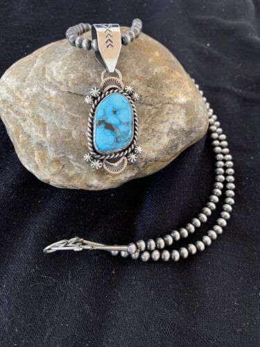 Navajo Spiderweb Kingman Turquoise Pendant Necklace | Sterling Silver | Authentic Native American Handmade | 690