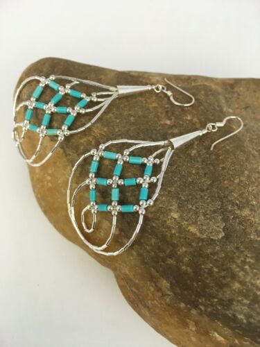 Native American Blue Turquoise Heishi Dangle Earrings | Sterling Silver | 2" | 8878