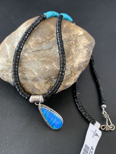 Navajo Opal Pendant Onyx Heishi & Turquoise Necklace | Sterling Silver | Authentic Native American Handmade | 4329