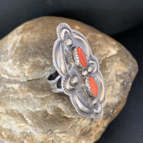 Navajo Orange Spiny Oyster Multi-Stone Ring | Authentic Native American Sterling Silver | Multi-Stone | Sz 8.5 | 13718